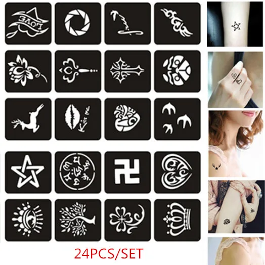 24 шт./компл. многоразовые трафареты с блестками для тату лотос Корона хны краски