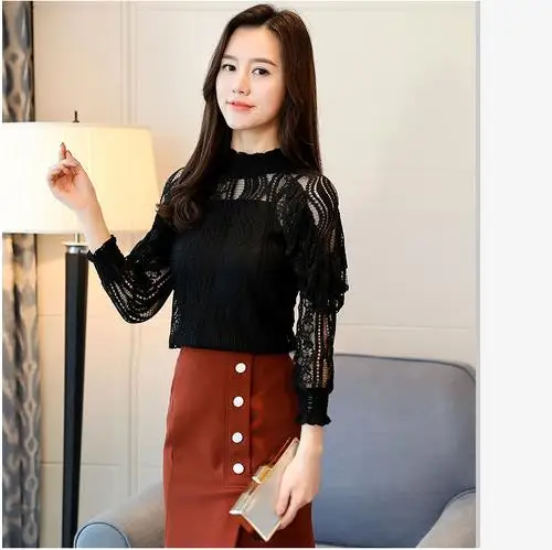 Кружевная блузка с рюшами Женская открытая черная цветочным рисунком женские