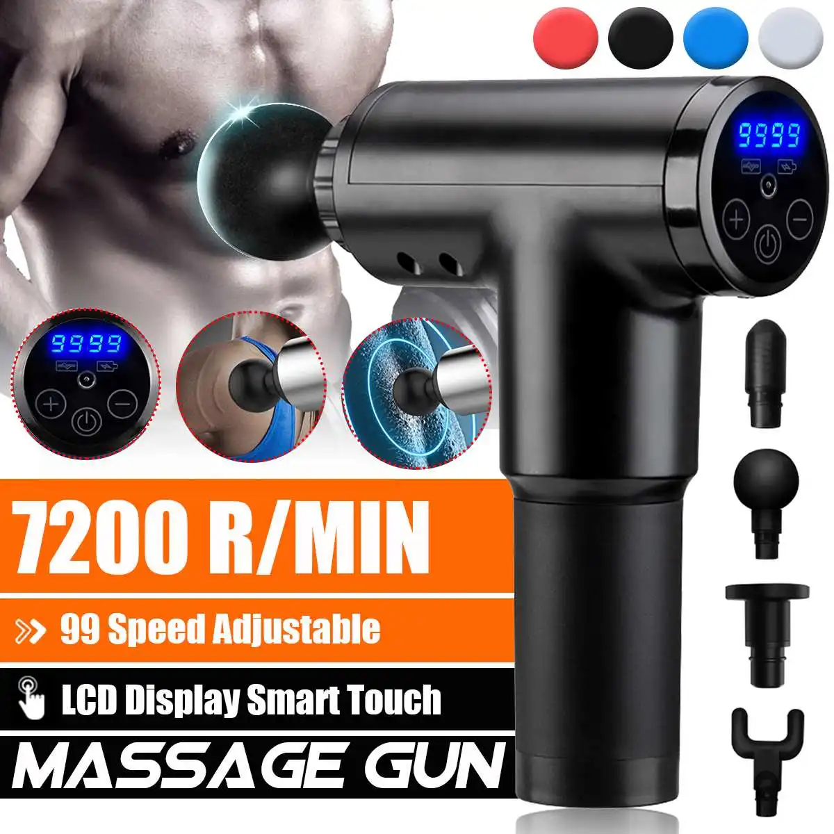 

NEW 99 Gear 7200R/MIN Electric Percussive Massager Percussion LCD Display Massage Gun Hand Held Therapy Device W/ 4 Heads