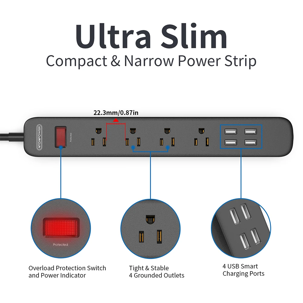 NTON POWER US Power Strip Plug черная плетеная проволока Защита от перенапряжения розетка