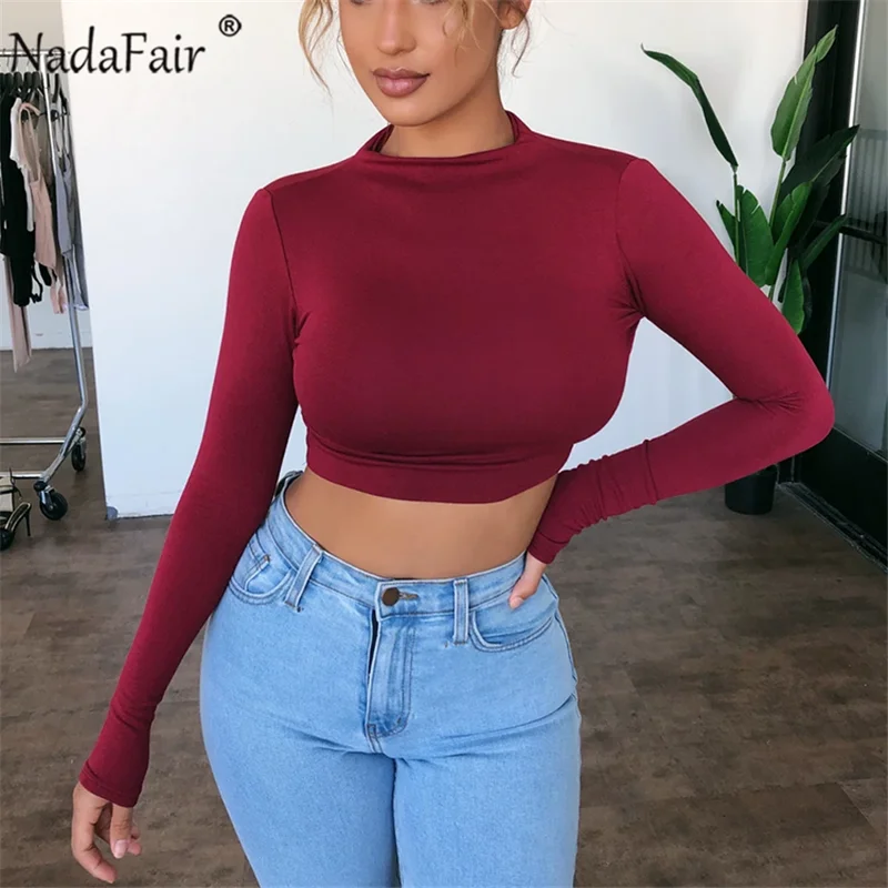Nadafair сексуальный короткий топ с длинным рукавом женские футболки из флиса