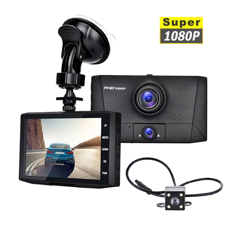 

Видеорегистратор автомобильный Full 1080P с 3 объективами, DVR, камера для приборной панели, широкий угол обзора 170 °, циклическая запись, ночное ви...