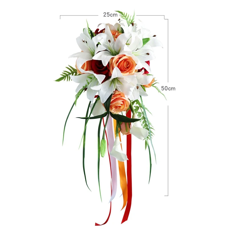 

Artificial Lily Rose Flowers Bridal Bouquets Satin Ribbon Beach Church Wedding Decor Bridesmaid Holding Flower