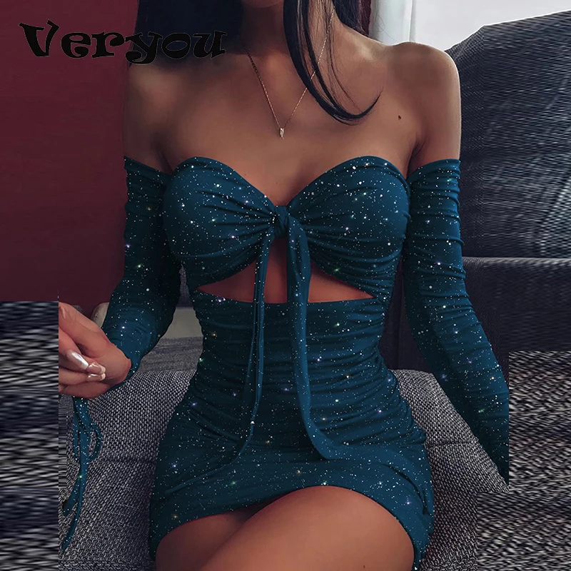 

Sexy Dress Women Long Sleeve Strapless Hollow Out Summer Dresses For Women Fashion Bandage Slim Off Shoulder Party Dress 2021