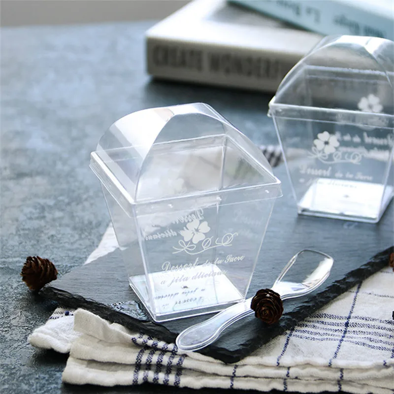 

50pcs Creative baking tools disposable dessert cup transparent flowers pattern pudding jelly thicken plastic cups with lids