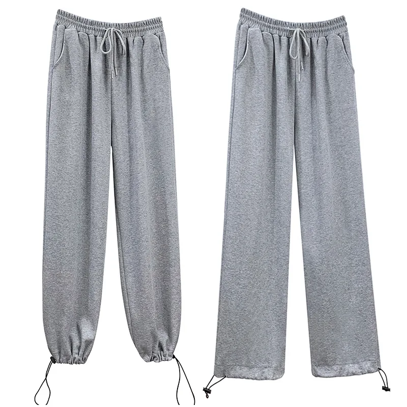 

HSMG High Waist Slimming Wild Drawstring Gray Drawstring Casual Pants Women's Spring Loose Drape Wide-Leg Sports Harlan Pants