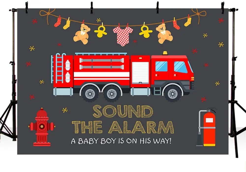 Fire Truck Boy Baby Shower Photo Backdrop Firetruck Sound The Alarm Firefighter Little Fireman Red and Black Party Decorations
