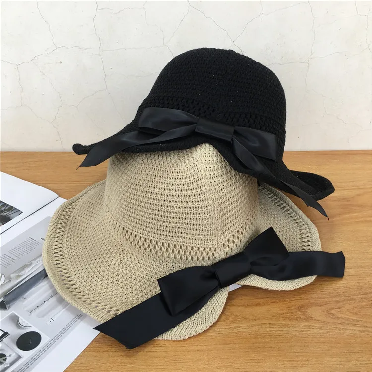 

Стример бант вязаная Панама шляпа тонкие дышащие складной большими полями шляпа женская летняя шляпа от солнца