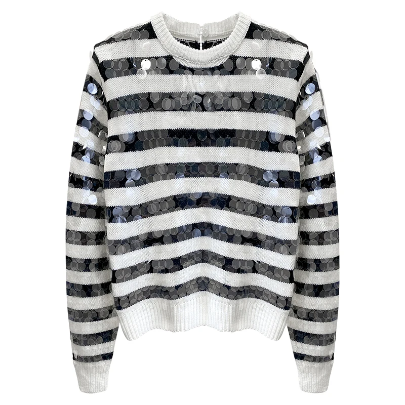 

VGH Patchwork Sequin Striped Knitted Pullovers For Women O Neck Long Sleeve Casual Sweater Female 2020 Fall Fashion New Tide