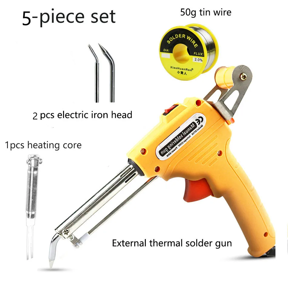 5PCS yellow gun 60 Вт оловянный Электрический паяльник Комплект полуавтоматический оловянный пистолет электрическая припоя станция наконечник присоска проволока сварка анти-sTweezers инструменты - Цвет: 5PCS yellow gun