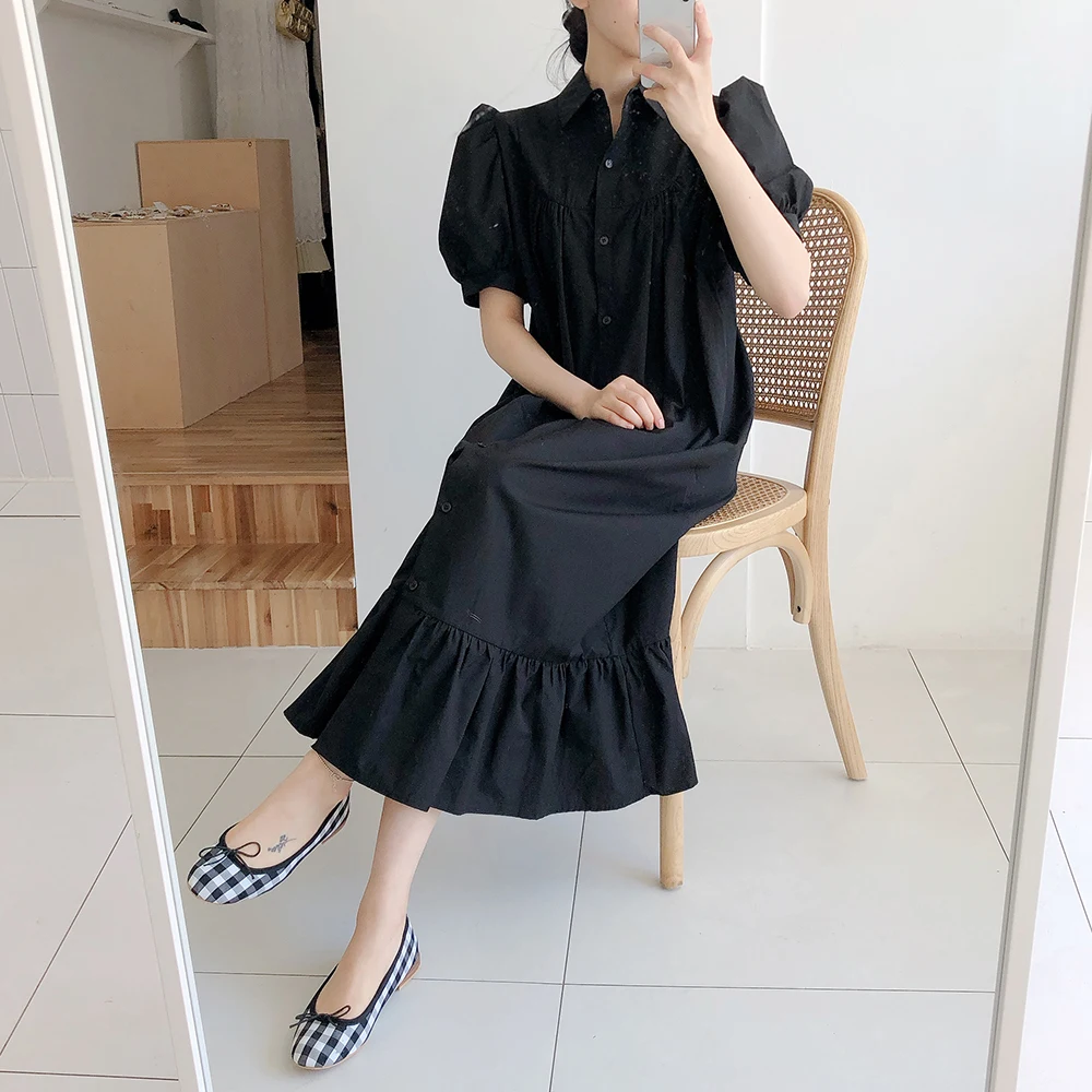 

Korejpaa Women Dress 2021 Summer Korean Chic Temperament Lapel Collar Single-Breasted Loose Puff Sleeve Hem Ruffle Shirt Vestido