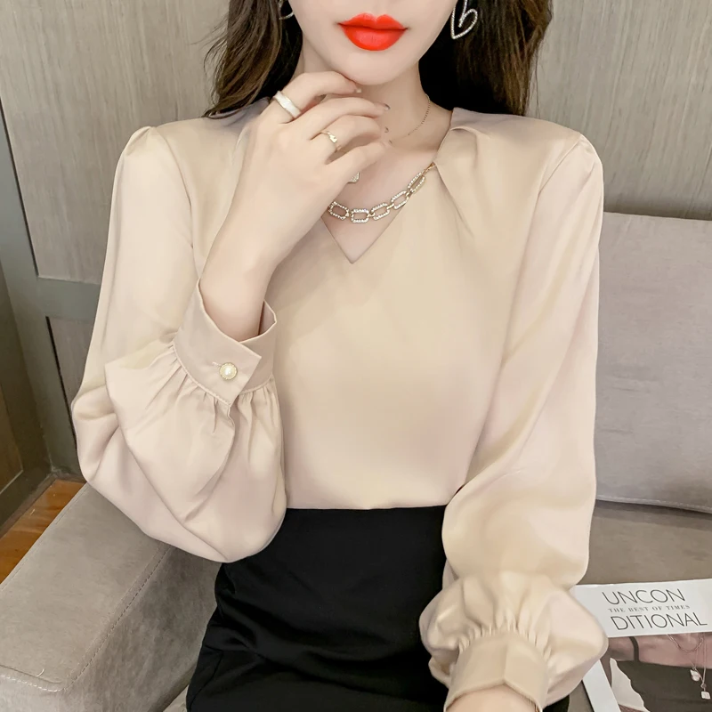 

Silk Fashion French V-neck Long Sleeve Shirt Women White Apricot Solid Womens Tops and Blouses Elegant Blusas Mujer Female 2267