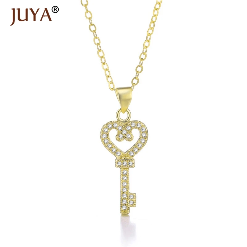 fashion statement necklaces for women Luxury Jewelry Copper Zircon Rhinestone Key Pendants Necklace Silver Femme