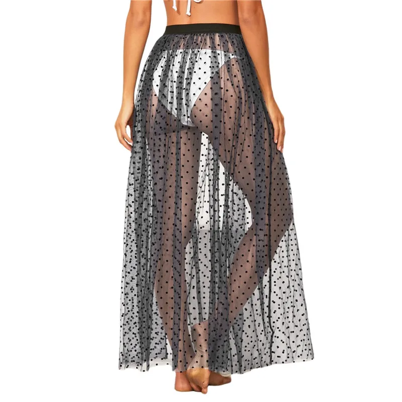 

hirigin Summer Womens Beach Vacation Sexy Club Cover Up Skirts 2021 Elastic Waist Sheer Mesh See-Through Polka Dots Print Skirt