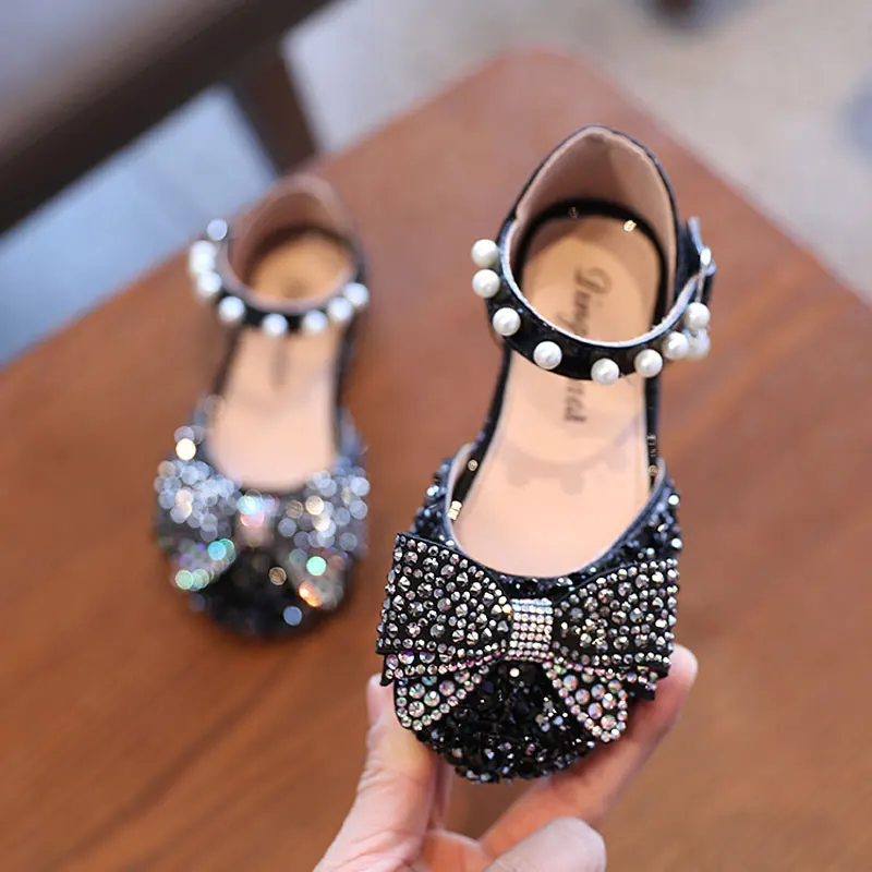 

Bling Bowknot Mary Jane Shoes Girl 2021 Spring Buckle Princess Shoes Baby Non-slip Plat Dace Dresses Shoe 21-35 Sliver Black