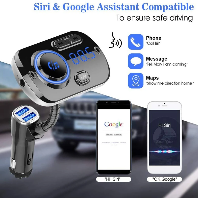 Bluetooth FM Transmitter BC49AQ for Car 7 Color LED Adapter with QC3.0 Charging Siri Google Assistant USB Flash Drive Mi | Автомобили и