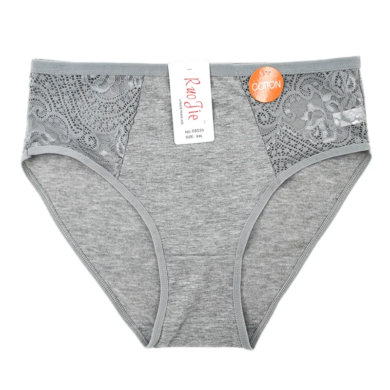 Серый Хлопок 2XL-4XL Большие размеры с высокой талией женские трусики однотонные кружевные трусики нижнее белье женские сексуальные трусики большого размера 68039 - Цвет: Серый