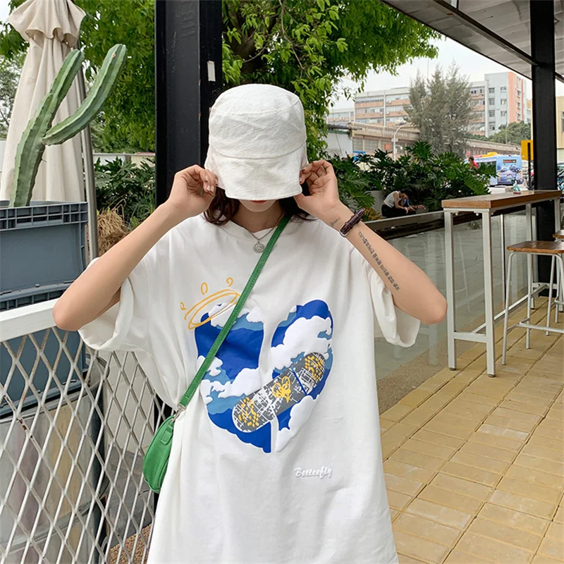 

Casual White Short Sleeve T-Shirt Loose Womens 2021 Short Summer Tee Retro Black Blouse Student Ins Tops Fashion New All-Match