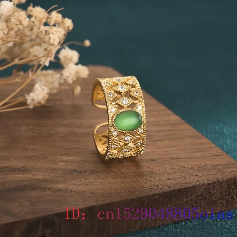 

Green Jade Ring Gemstone Women 925 Silver Jewelry Natural Charm Men Chalcedony Gifts Fashion Crystal Zircon Amulet