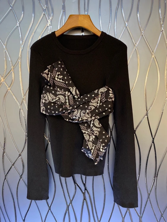 

2021 new women fashion round neck chest bow knot color matching stitching decoration long-sleeved sweater 910
