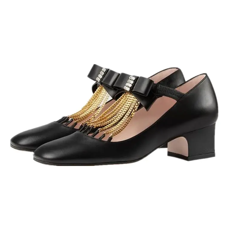 

New 2021 Low Heel Crystal Square Toe Shoes Tassel Gold Chain Butterfly-Knot T-Strap Elastic Band High Heels Large Size34-43