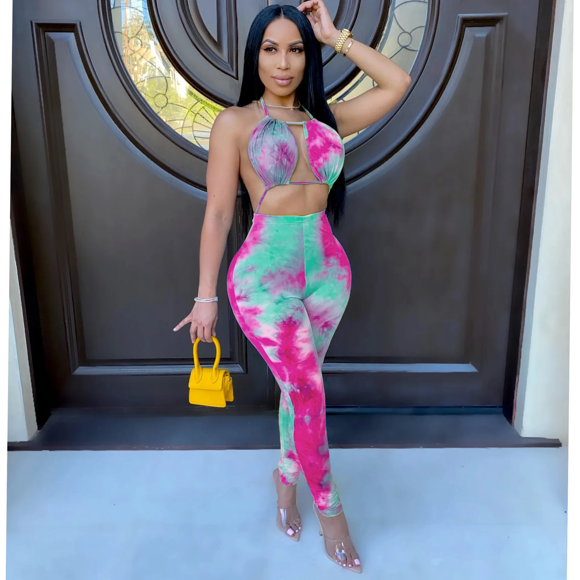 

JRRY Casual Women Jumpsuits Spaghetti Strap Top Skinny Long Pants Tie Dye Bodysuit High Waist Ladies Jumpsuit Print Outdoor Wear