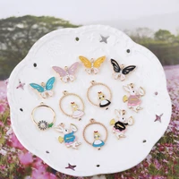 10pcs enamels alice rabbit butterfly alloy earring charms diy handmade making hair necklace jewelry pendant accessories