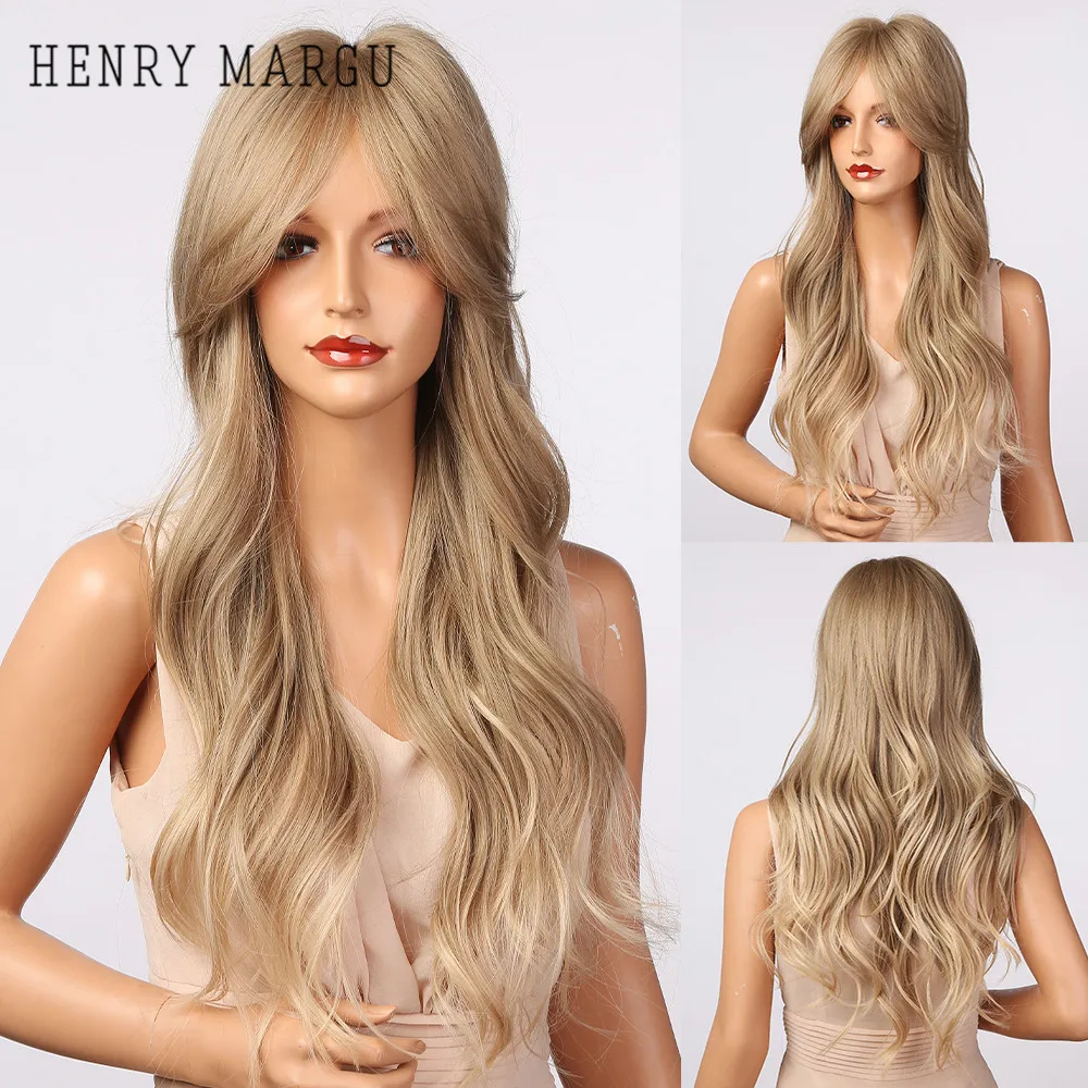

HENRY MARGU Long Wavy Brown Blonde Ombre Synthetic Wigs with Bangs Natural Daily Hair Wigs for Women Cosplay Wig Heat Resistant