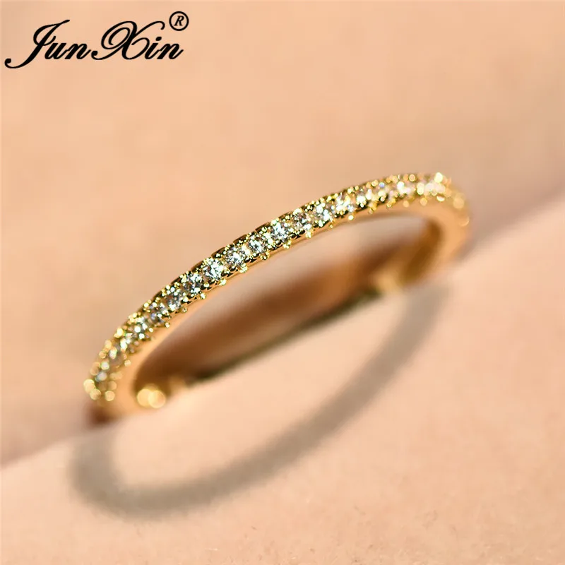 Yellow Gold Color JUNXIN шикарные стекируемые однорядные тонкие кольца для женщин Серебряный цвет круглый циркон белый камень кольцо минималистичное свадебное ювелирное изделие - Цвет основного камня: Yellow Gold Color