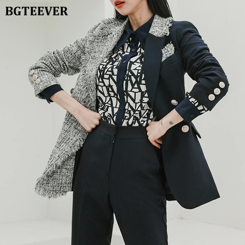 

BGTEEVER Chic Autumn Winter Women Pant Suits Woolen Patchwork Slim Suit Jackets & Straight Leg Pants Female Blazer Set 2020