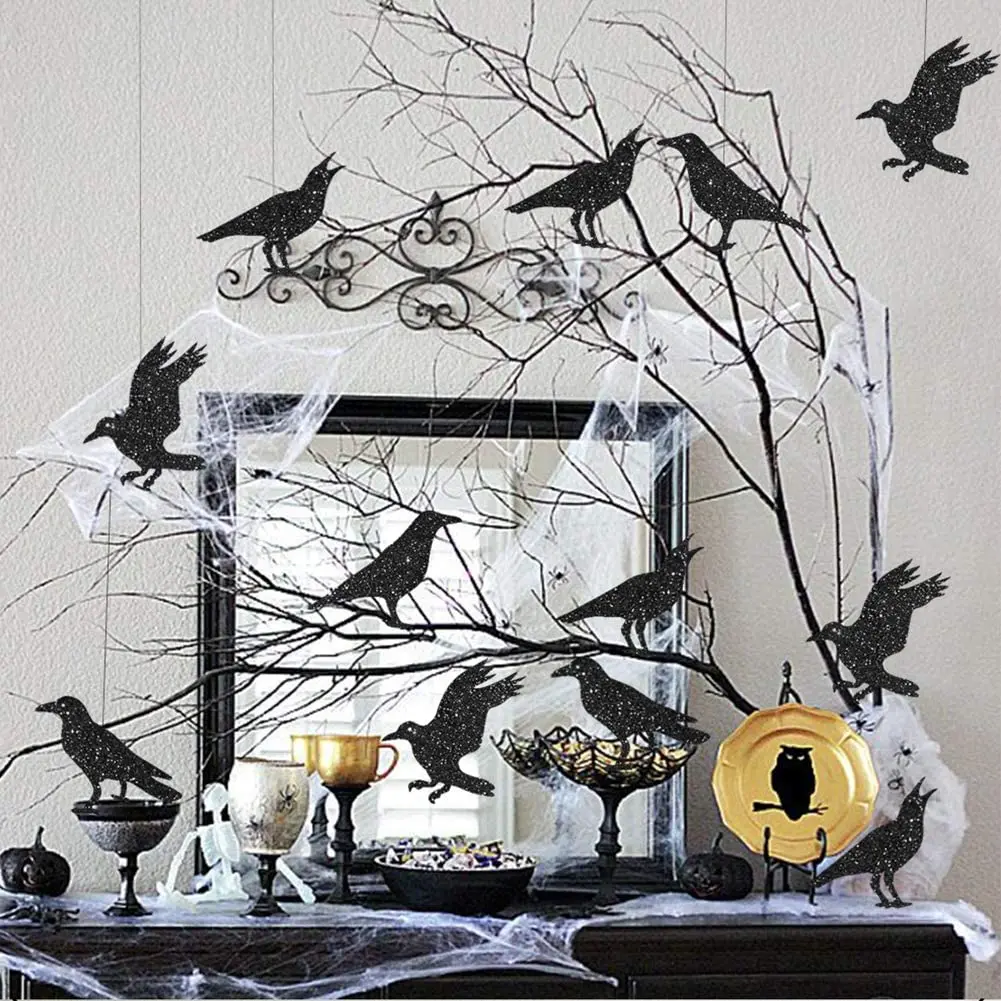 

32Pcs Paper Glitter Black Crow Bird Garlands for Halloween Themed Party Decoration Flying Hanging Halloween Tree Crow Banners