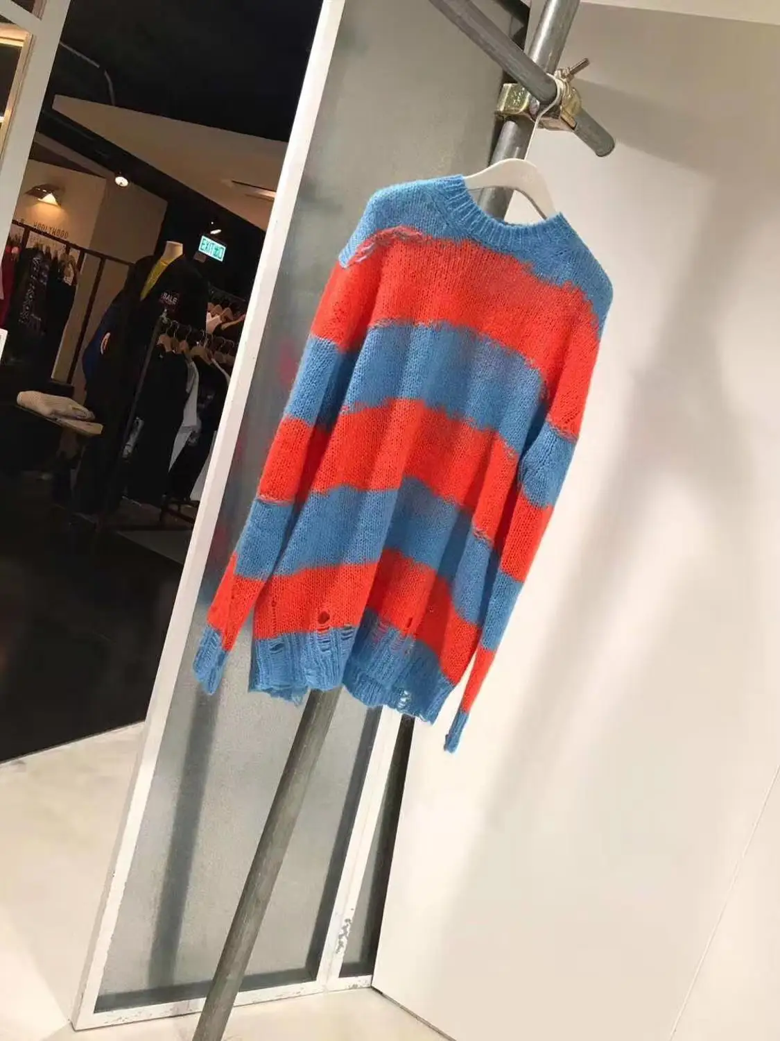 

Women's Sweater Loose Vintage Hole Patchwork Striped Knitted Sweaters Long Sleeve O-neck Pullover Knitwear