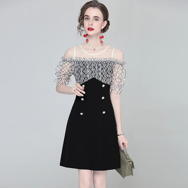 

Летнее Сетчатое платье с открытыми плечами и коротким рукавом в стиле Хепберн 2021