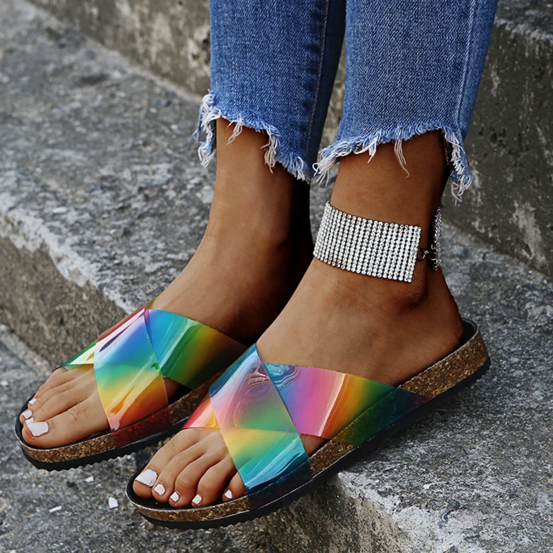 

Ladies Summer Slippers PU Women Cross Tied Slides Cow Rainbow Color Flat Shoes Female Casual Slippers