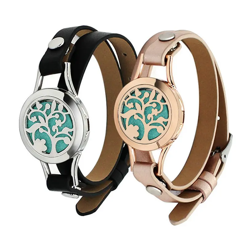 

Stainless Steel Hollow Perfume Bracelet Double Circle Leather Perfume Bracelet