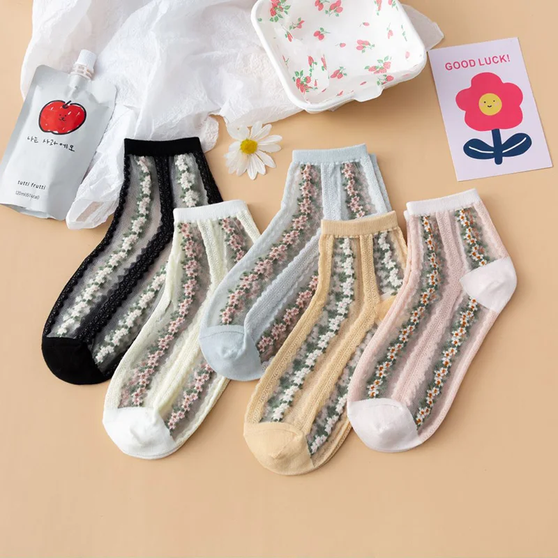 

5 Pairs Transparent Women Socks Set Breathable Ultra Thin Silk Crystal Flower Girls Elastic Short Female Sox Calcetines Pack