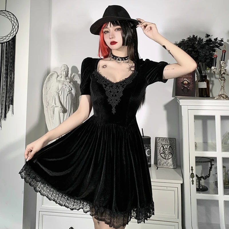 

Goth Dark Academia Sexy High Waist Y2K Pleated Dress Vintage V-Neck Hollow Out Puff Sleeve Lace A Line Dress Woman Alt Clothes