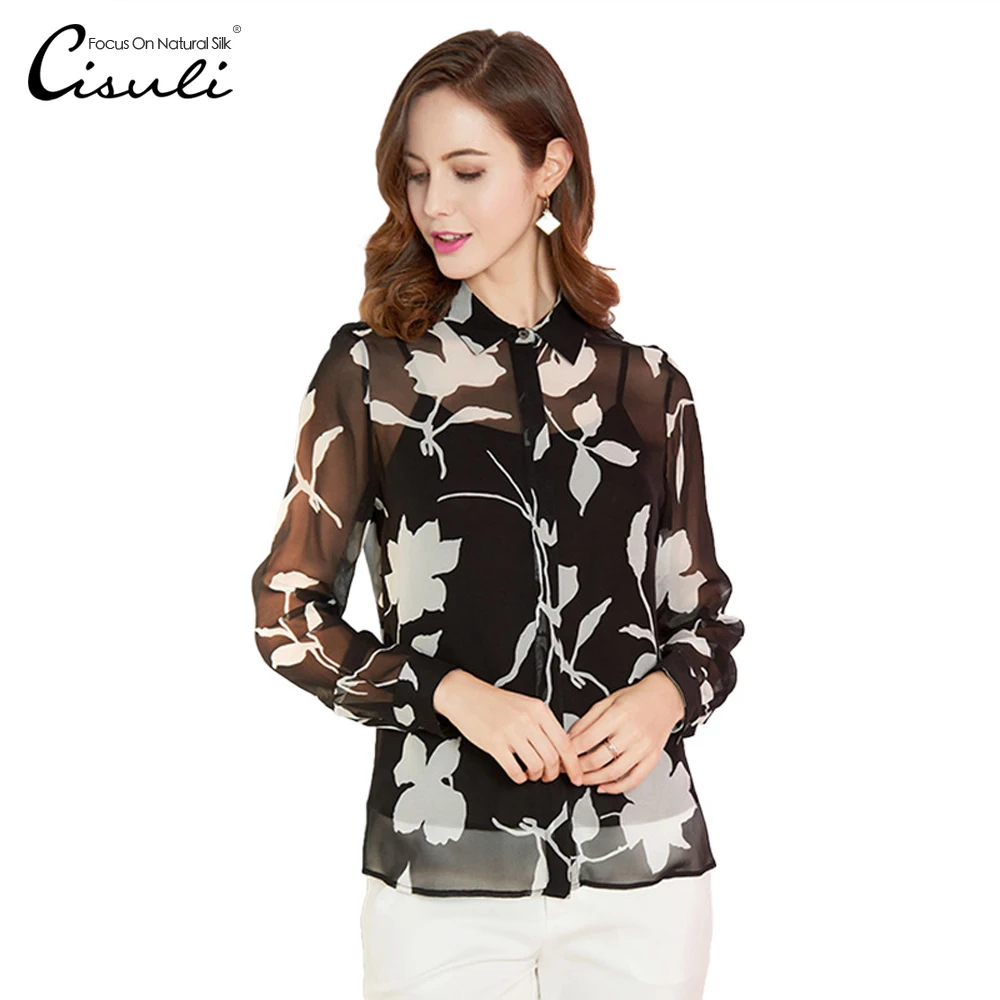100% шелковая шифоновая блузка женская рубашка с длинным рукавом и цветочным