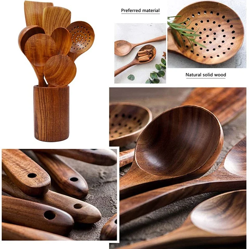 

Wooden Spatula Set 8 Pcs Natural Teak Kitchen Cooking Utensil Wooden Spoon
