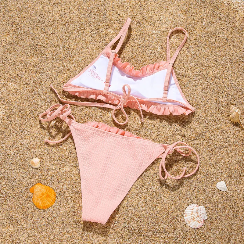 

Lovely Women Bikini Swimsuits Pit Fabric Frilled Low Waist Panty Chest Pads Fashion Swimwear Women Bikini Sets Beach Clothes