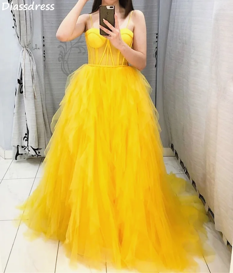 

Yellow Evening Dress 2020 New Simple Tiered Ruffel Spaghetti Straps For Dance Party A-line Graduate Prom Dress فساتين السهرة