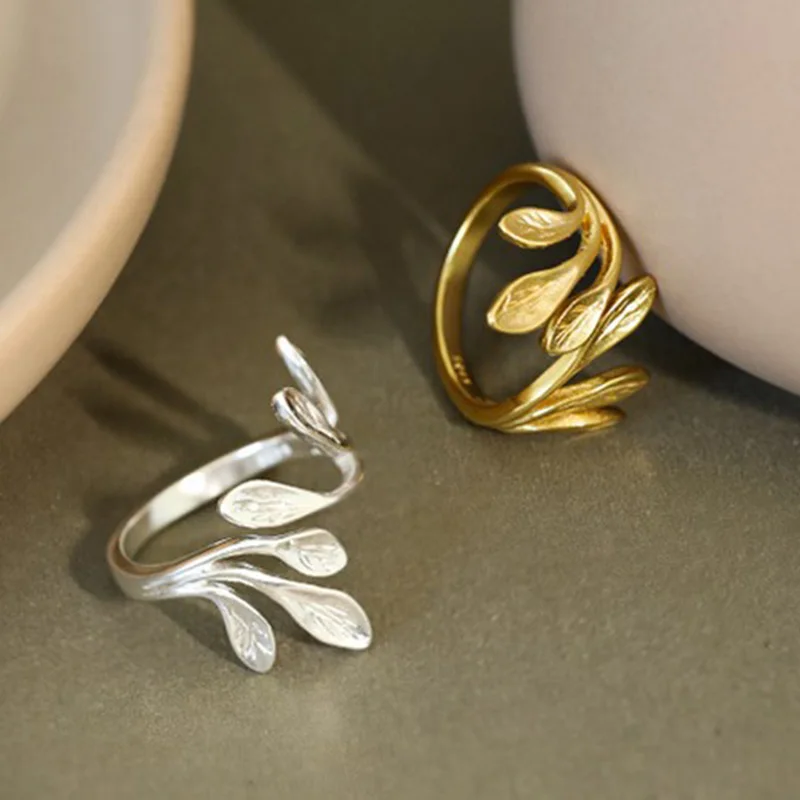 

MEYRROYU 925 Sterling Silver Ladies Fashion Jewelry Ring Unique Creative Branch and Leaf Opening Ring Simple Trend Accessories