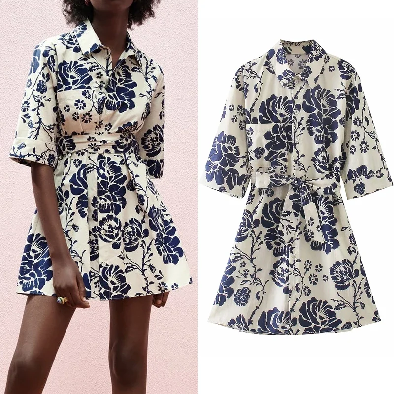 

Za 2021 Floral Dress Woman Short Summer Dresses Women Short Sleeve Mini Shirt Dress Fashion Belt Vintage Casual Dresses