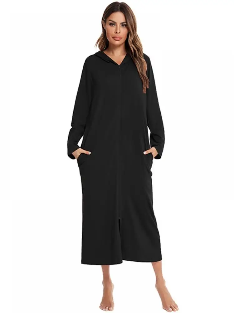 

Women Long Sleeve Pajamas Fashion Hooded Nightgown Causal Loose Zipper Nightdress Sleepshirts