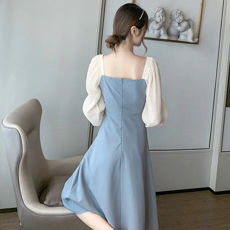 

Осеннее женское платье с высокой талией и квадратным вырезом, элегантное нежное платье во французском стиле с длинными рукавами