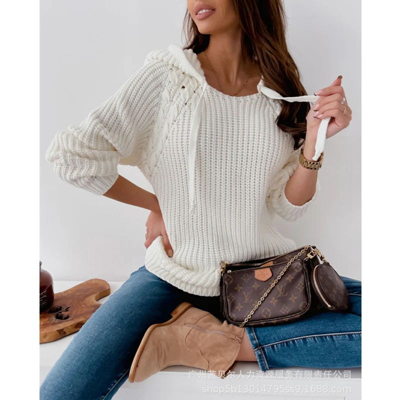 

WEPBEL Women's Elegant Knitted Pullover Sweater Top Ladies Autumn Thick Long Sleeve Hooded Knitwear