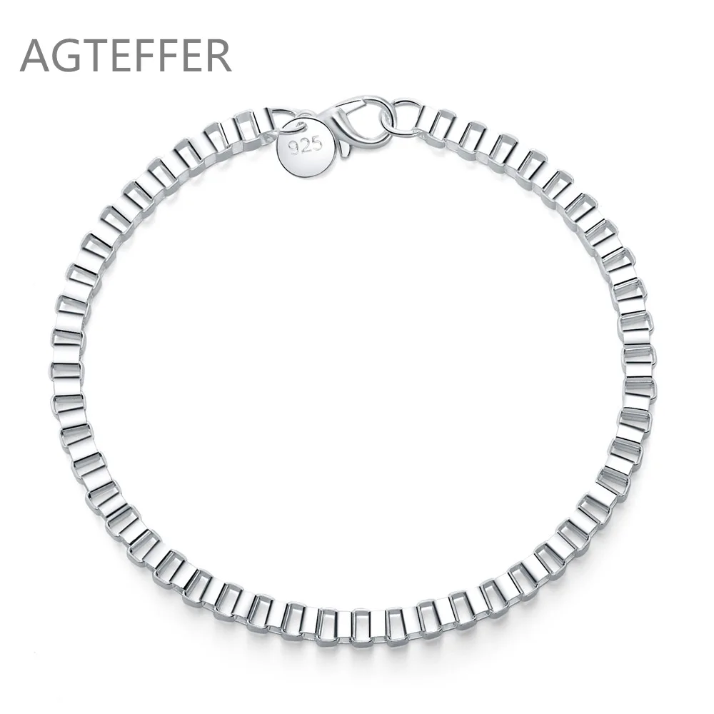 

AGTEFFER 925 Sterling Silver 4mm Box Chain Bracelet For Women Wedding Engagement Party Fashion Jewelry