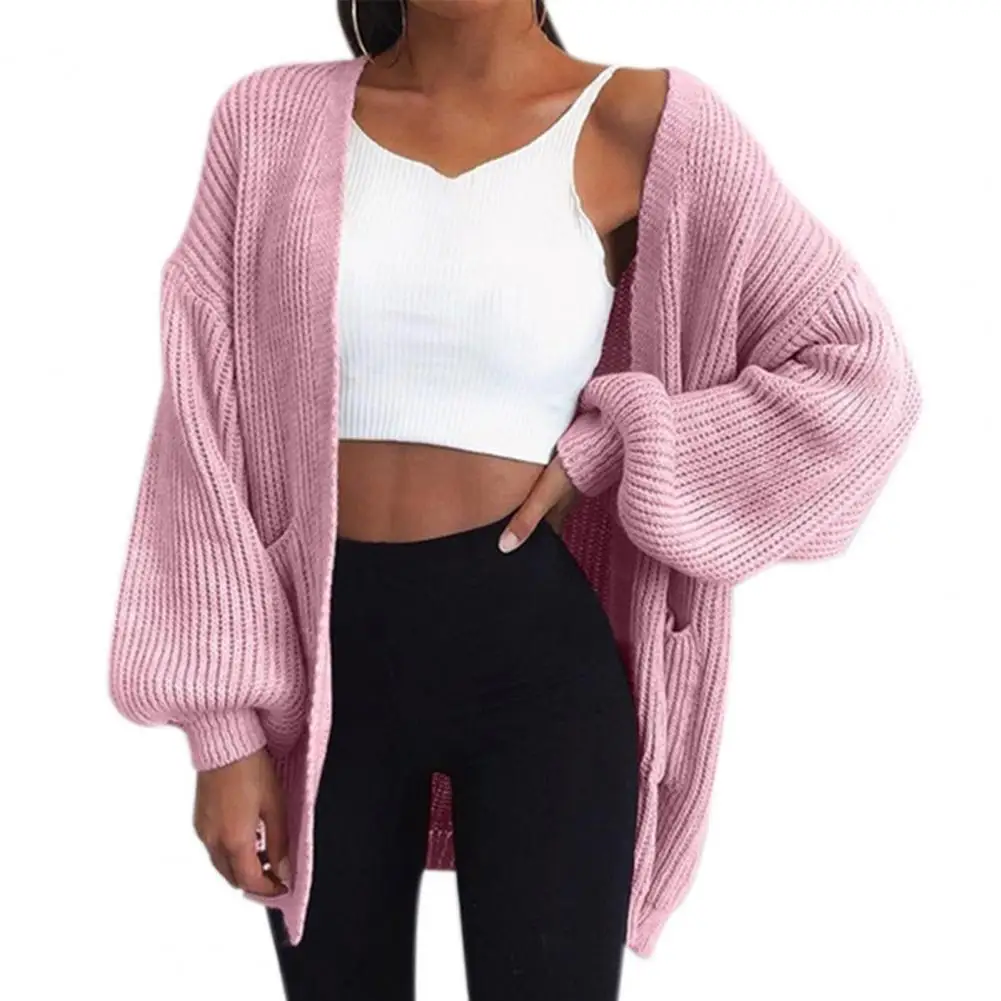 

Cardigan Sweater Solid Color Warm Knitted Lantern Sleeve Casual Lady Sweater Coat for Daily Wear
