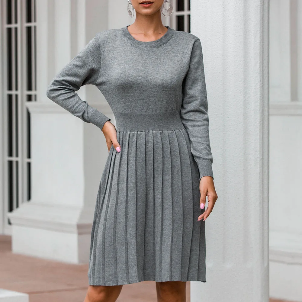 Женское свободное вязаное платье с круглым вырезом сезон весна осень зима