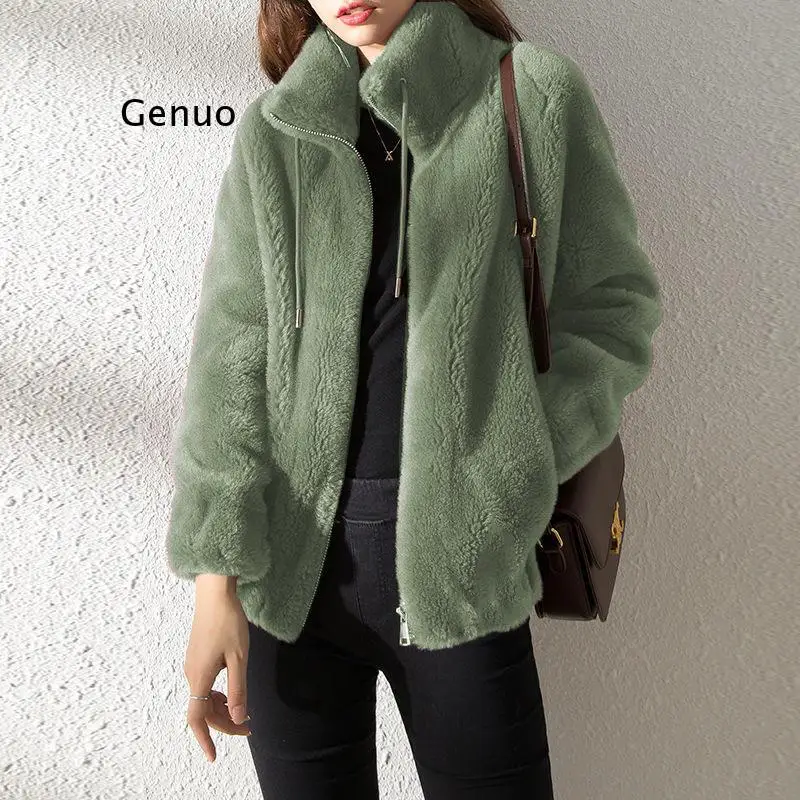 

Vintage Green Korean Style Short Women Coat Long Sleeve Faux Fur Coat Casual Outerwear Ladies Jacket Elegant Autumn Winter 2021